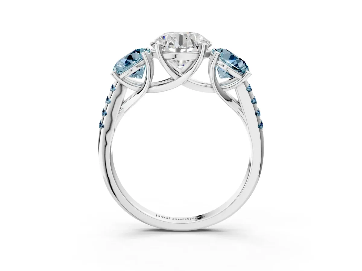 Three-Stone Round Cut Diamond Ring with Round Aquamarine Pavé Band and Prong Setting Silver