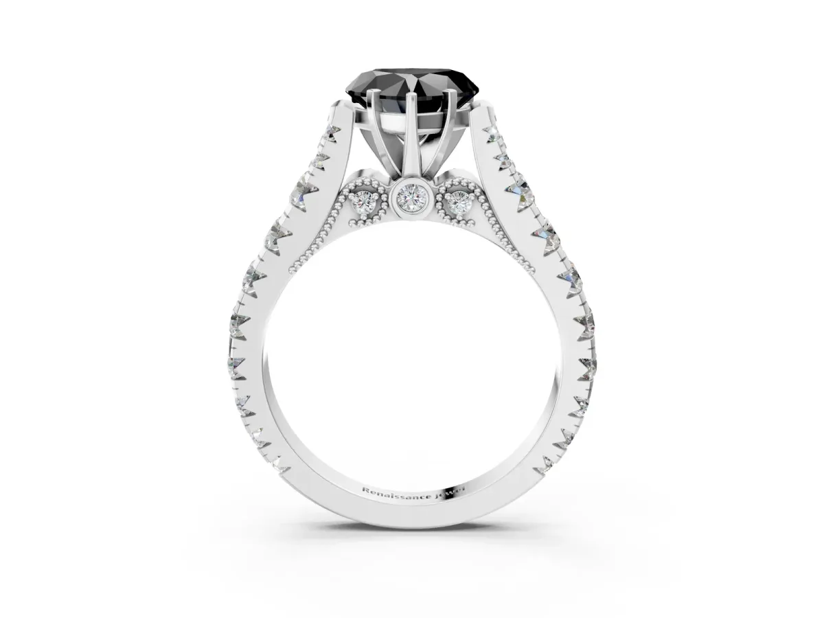Fancy Black Heart Cut Diamond Classic Solitaire Ring with Pavé Band and Four-Prong Setting Silver