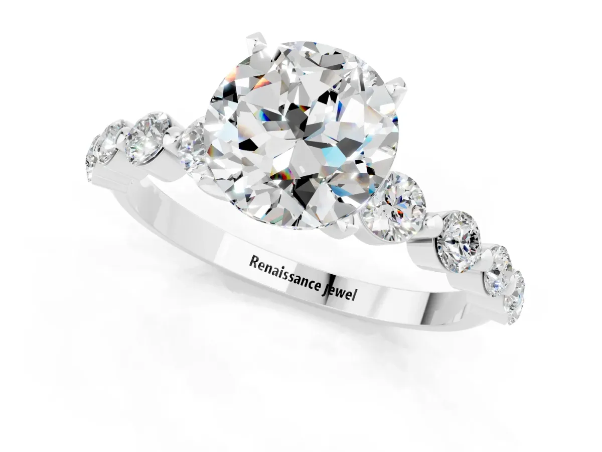 Round Cut Solitaire Moissanite Ring with Pave Band and Four-Prong Setting Silver