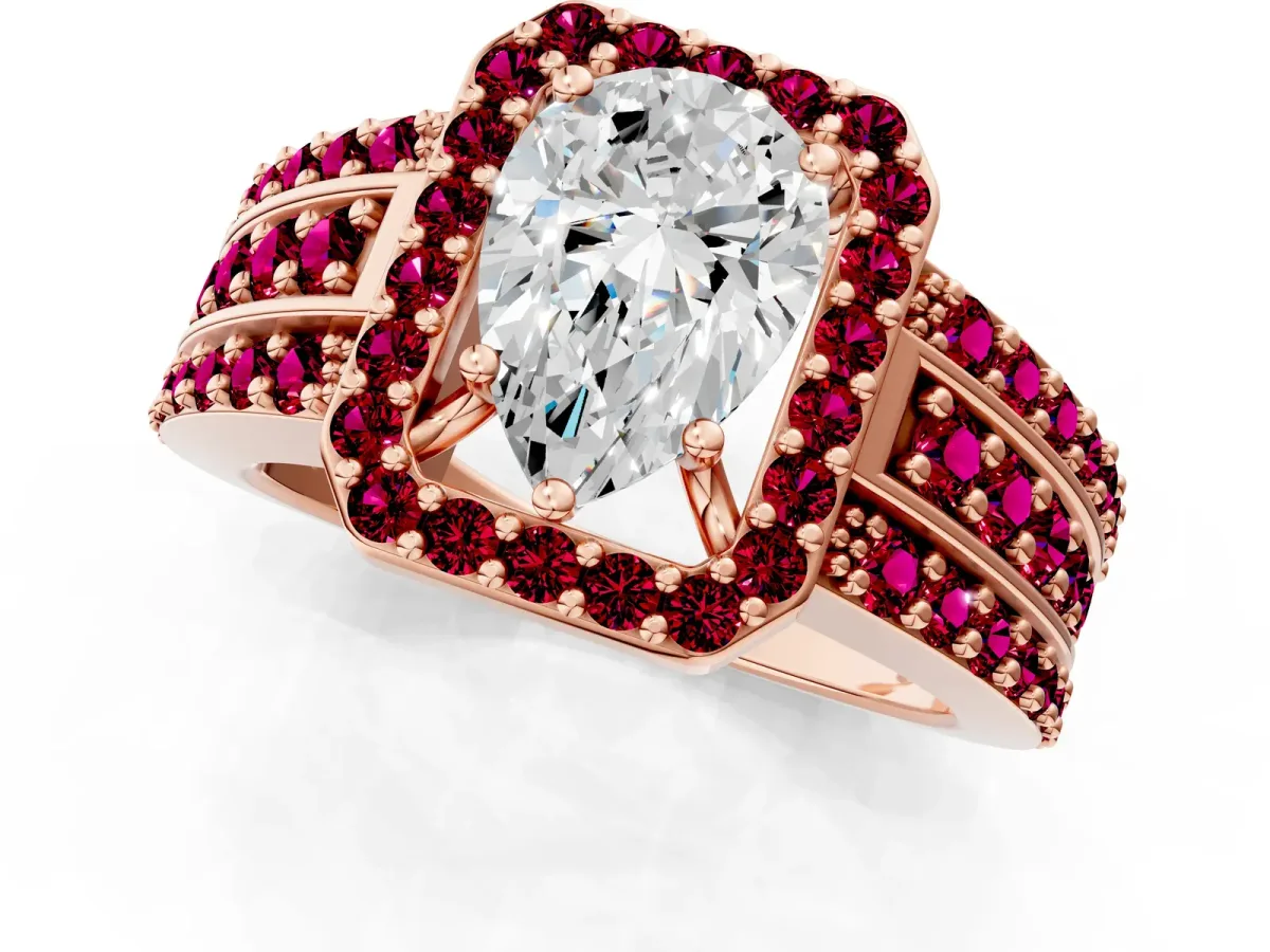 Pear Cut Halo Diamond Ring with Round Garnet Split Shank and Prong Setting Rose gold