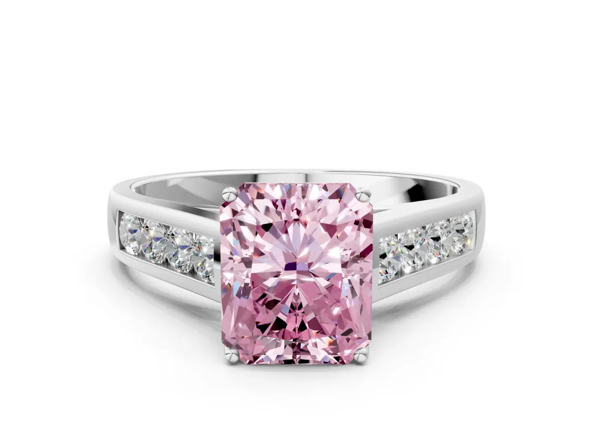 Fancy Pink Radiant Cut Brilliant Channel-Set Solitaire Ring with Four-Prong Setting Platinum