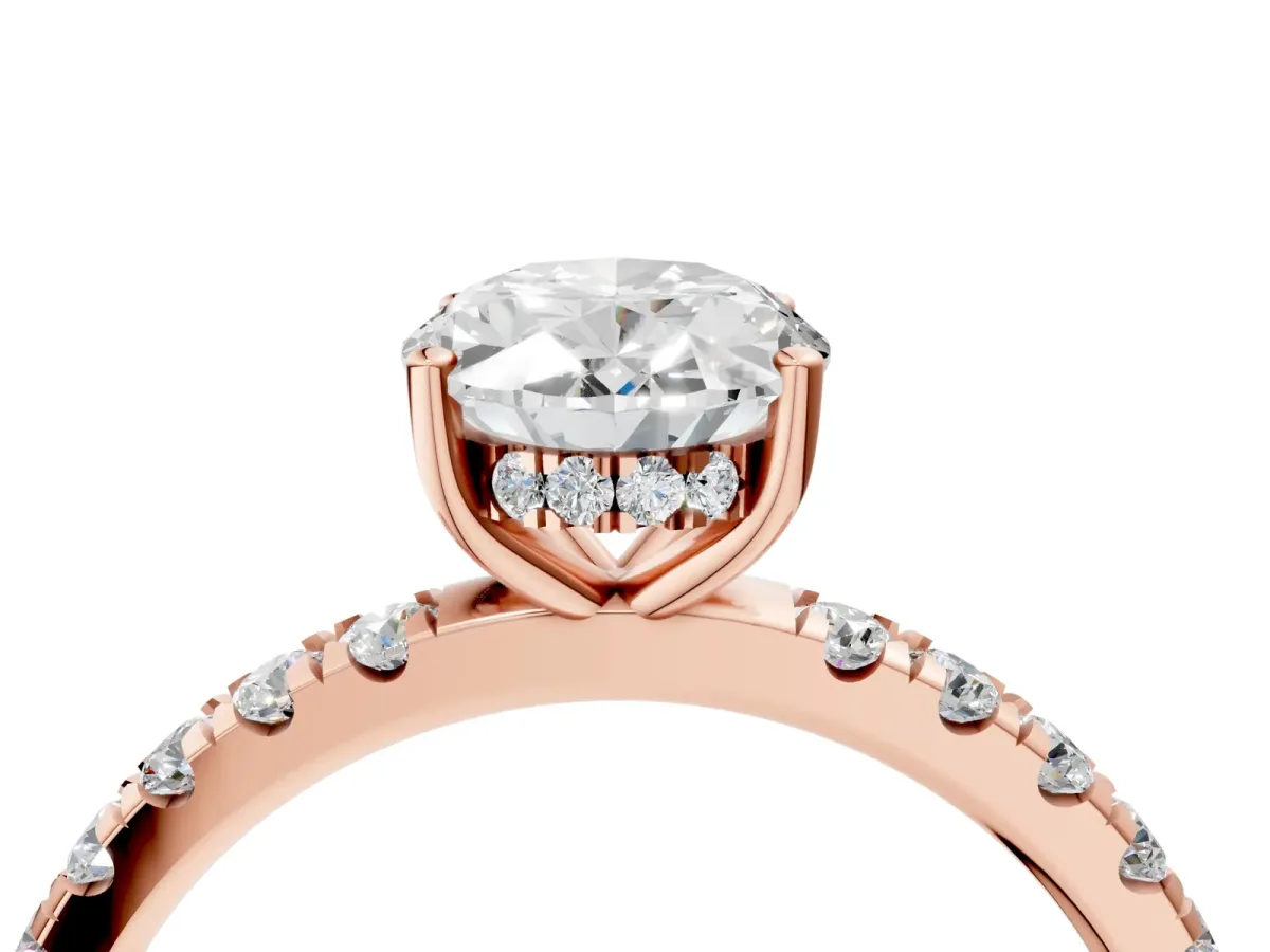 Oval Cut Diamond Pave Band Solitaire Ring with Round and Prong Setting Rose gold