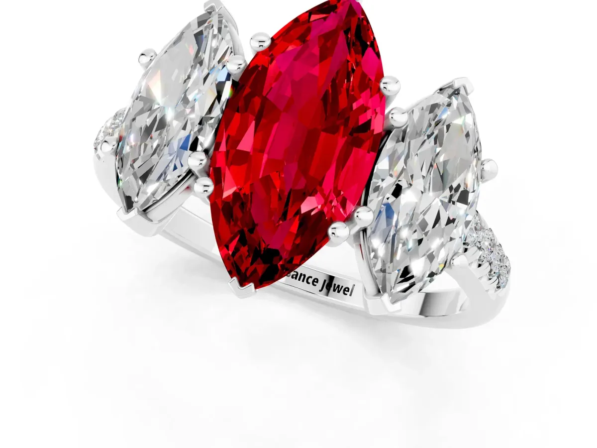 Three-Stone Marquise Cut Ruby Ring with Round Pavé Band and Prong Setting Platinum
