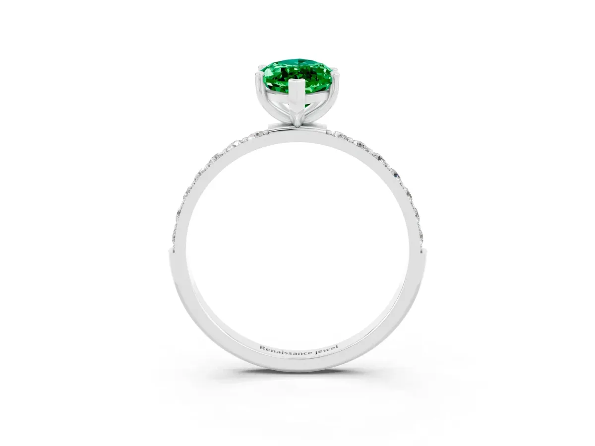 Marquise Cut Emerald Solitaire Ring with Round Pavé Band and Prong Setting Silver