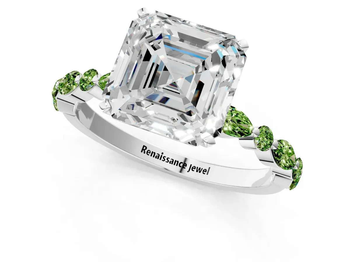 Asscher Cut Diamond Ring with Marquise and Round Peridot Side Stones and Four-Prong Setting Silver