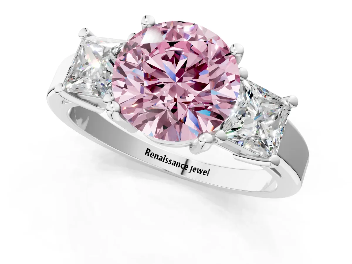 Fancy Pink Three-Stone Round Cut Cut Solitaire Ring with Prong Setting White gold
