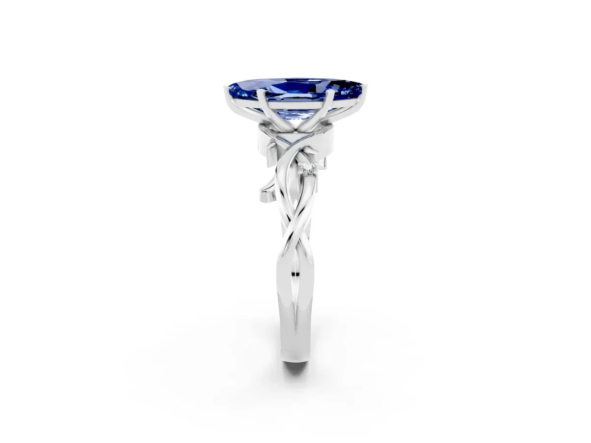 Marquise Cut Blue Sapphire Solitaire Ring with Twisted Band and Prong Setting Silver