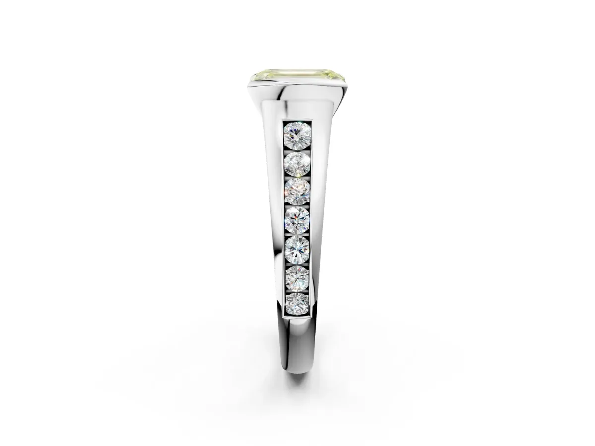 Fancy Yellow Emerald Cut Solitaire Bezel-Set Diamond Ring with Channel-Set Band Platinum