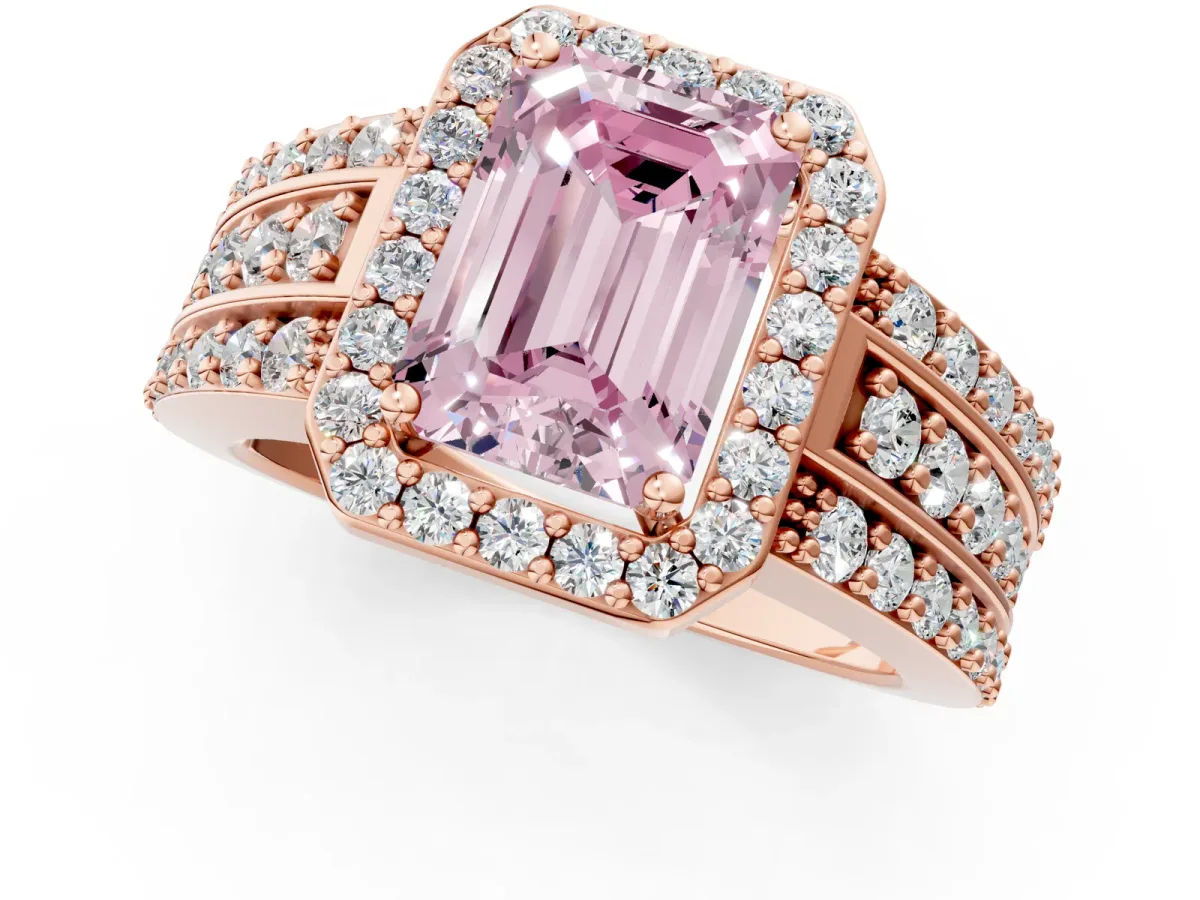 Fancy Pink Emerald Cut Halo Diamond Ring with Round Split Shank and Prong Setting Rose gold