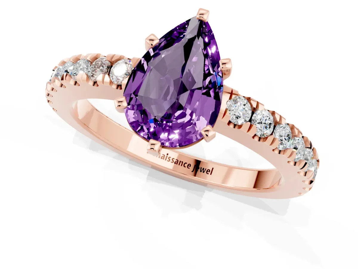 Pear Cut Solitaire Amethyst with Pavé Band and Four-Prong Setting Rose gold