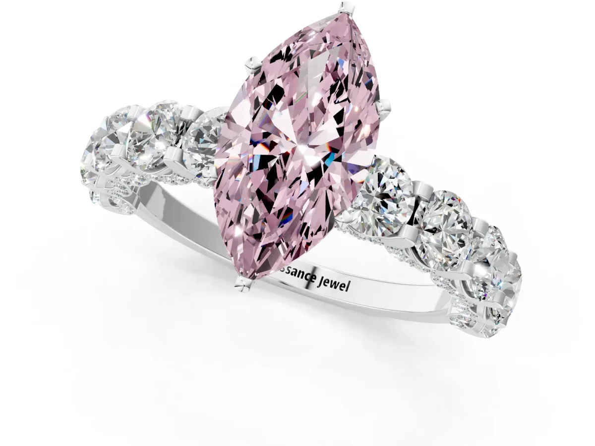 Fancy Pink Marquise Cut Diamond Side Stone Engagement Ring with Four-Prong Setting White gold