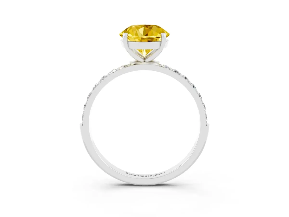 Round Cut Yellow Sapphire Solitaire Ring with Round Pavé Band and Prong Setting Silver