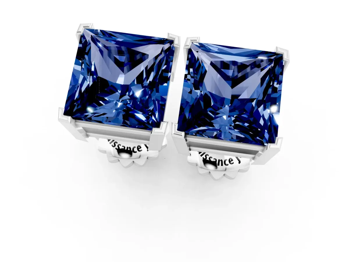 Princess Cut Blue Sapphire Stud Earrings Silver