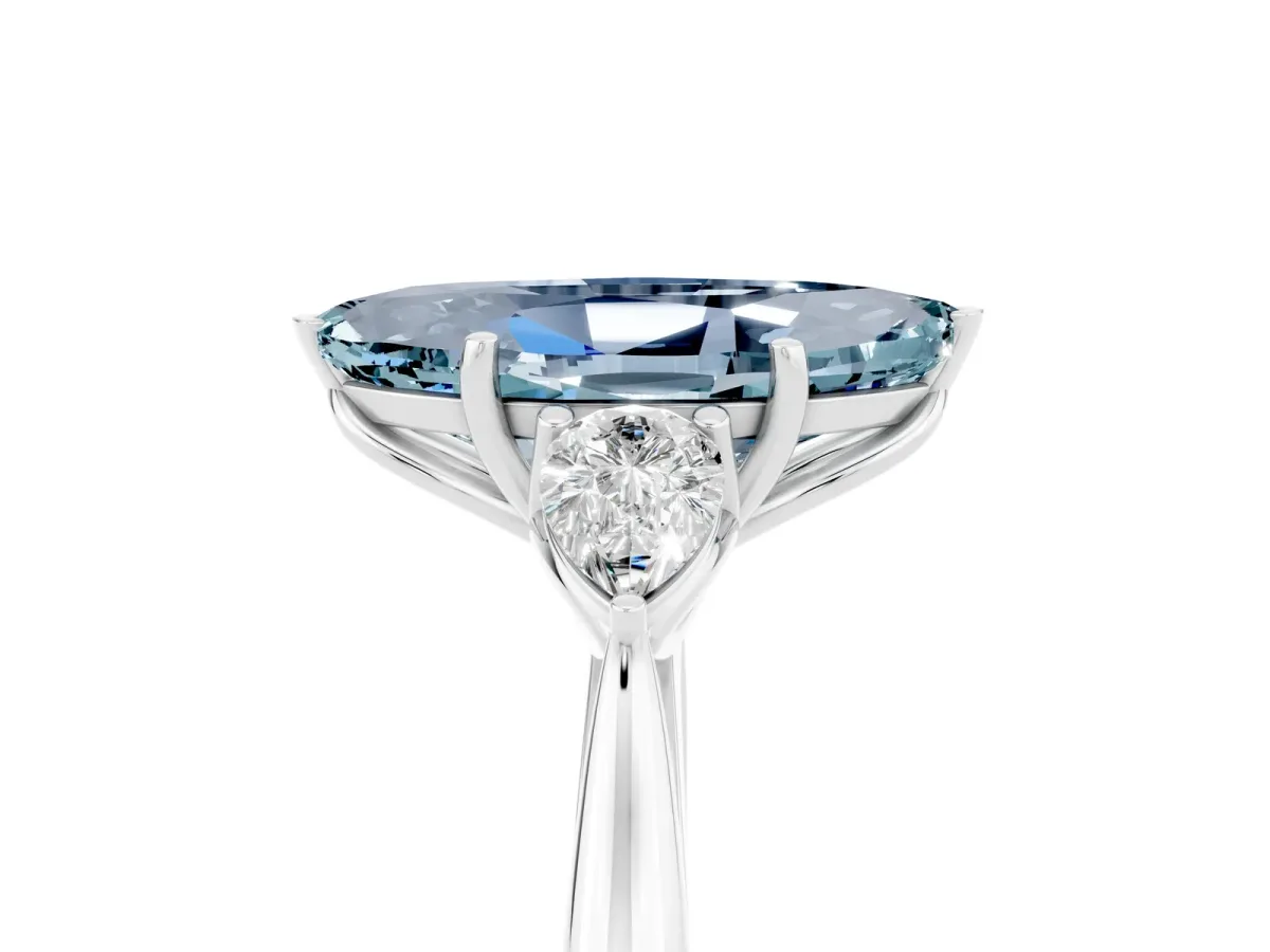 Marquise Cut Aquamarine Three-Stone Ring with Pear Side Stones and Prong Setting Silver
