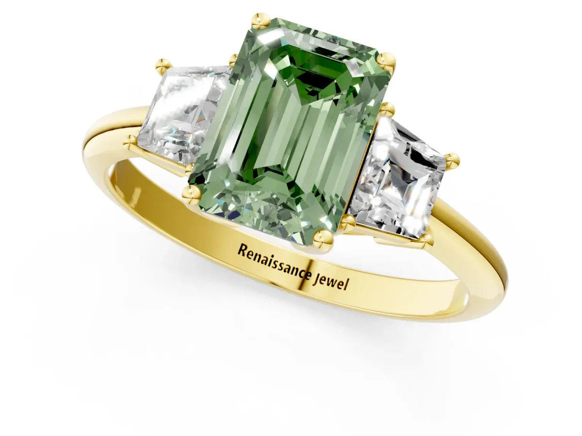 Fancy Green Emerald Cut Diamond Three-Stone Ring with Trapezoid Side Stones and Prong Setting Yellow gold