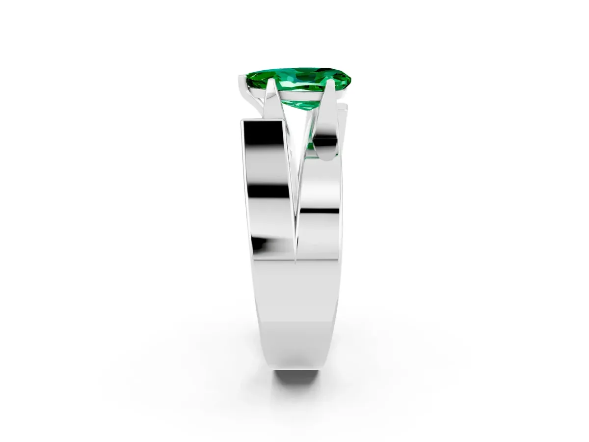 Modern Tension Set Pear Cut Emerald Solitaire Wide Band Ring Platinum