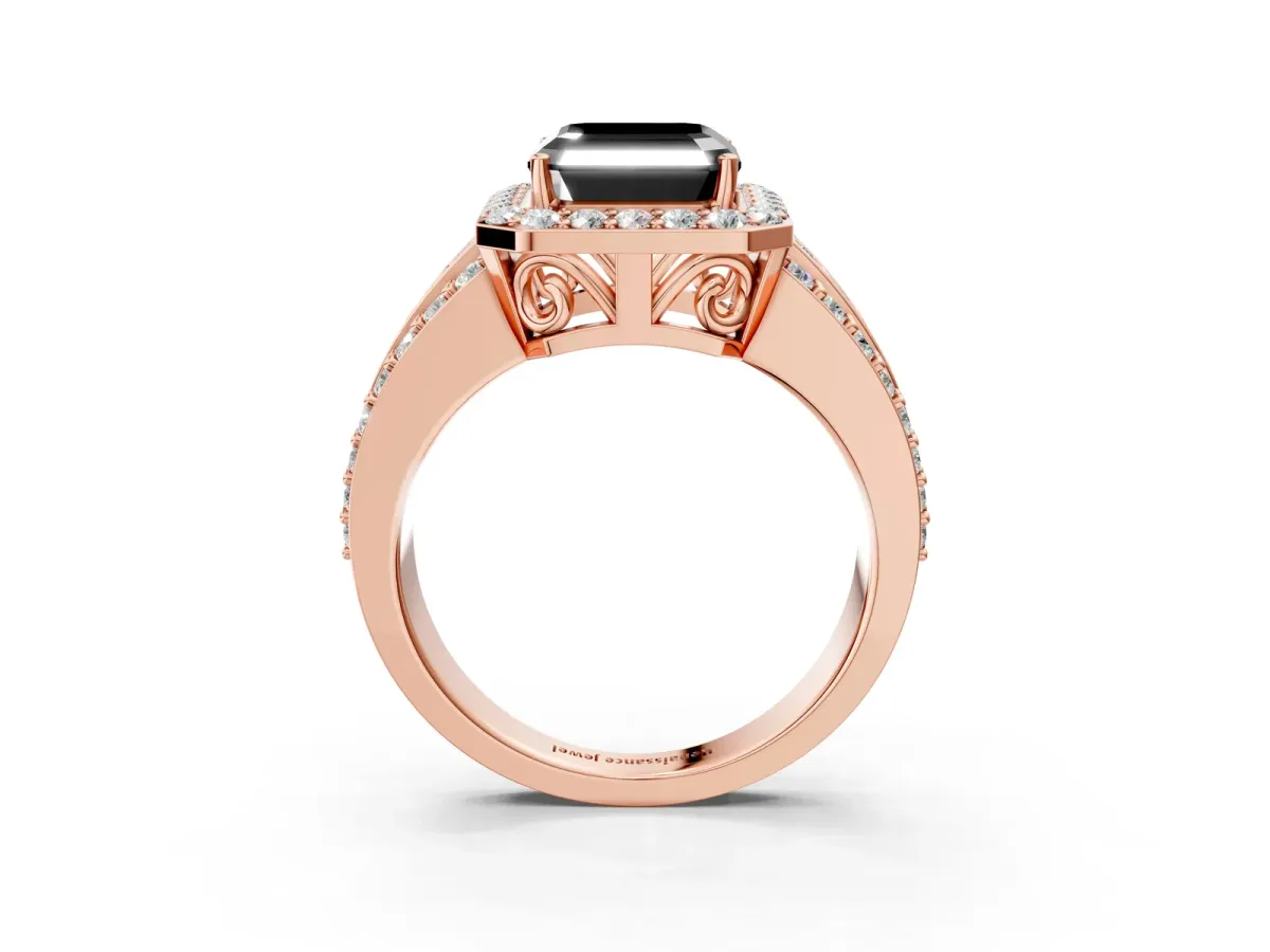 Fancy Black Asscher Cut Halo Diamond Ring with Round Split Shank and Prong Setting Rose gold