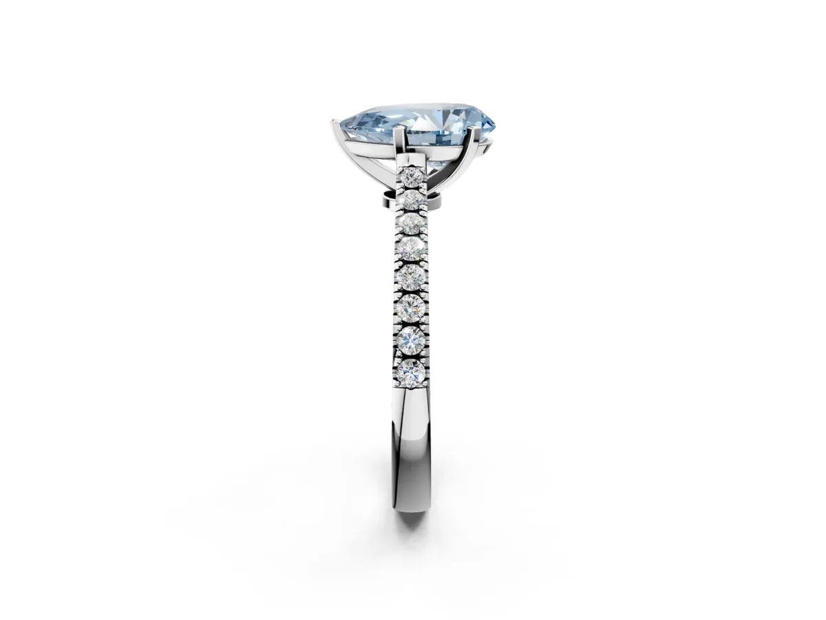 Fancy Blue Pear Cut Cut Solitaire Diamond Engagement Ring with Pave Band and Four-Prong Setting Silver