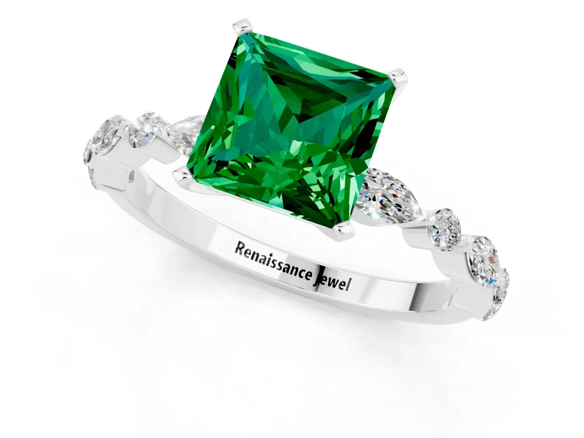 Princess Cut Emerald Ring with Marquise and Round Side Stones and Four-Prong Setting Silver