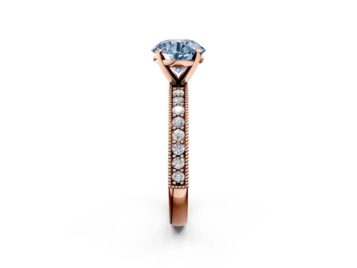 Fancy Blue Round Cut Diamond Milgrain Pavé Engagement Ring with Four-Prong Setting Rose gold