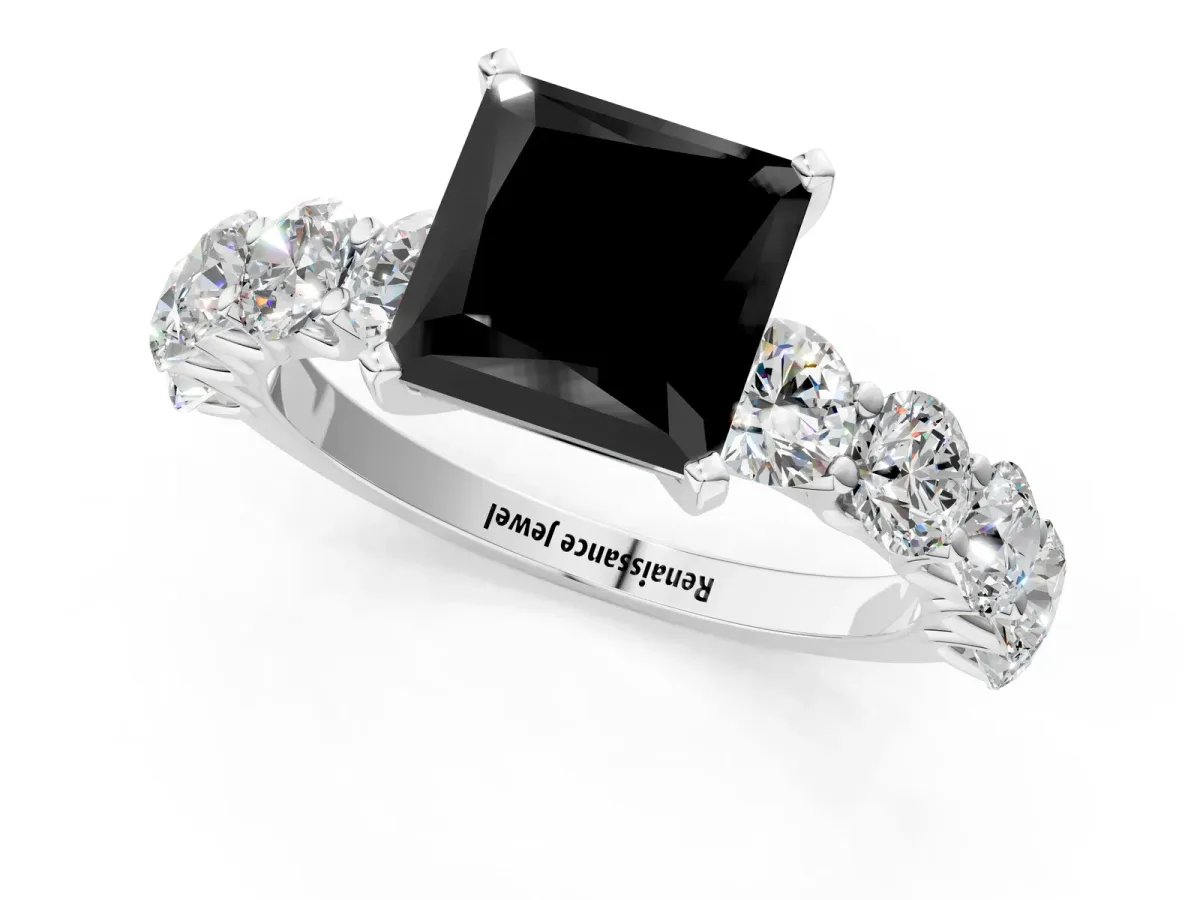 Fancy Black Princess Cut Diamond Prong Setting with Side Stones on a Pave Band Silver