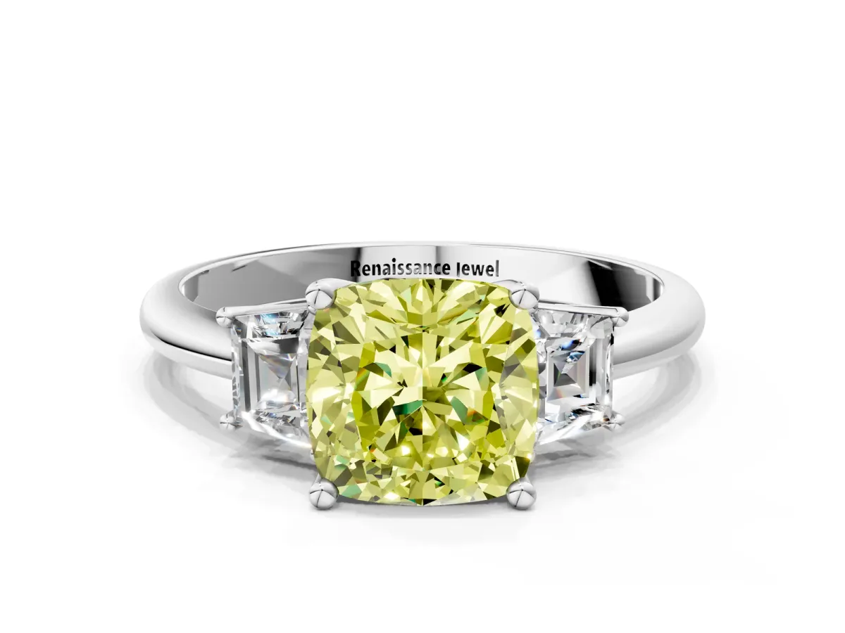 Fancy Yellow Cushion Cut Diamond Three-Stone Ring with Trapezoid Side Stones and Prong Setting Silver