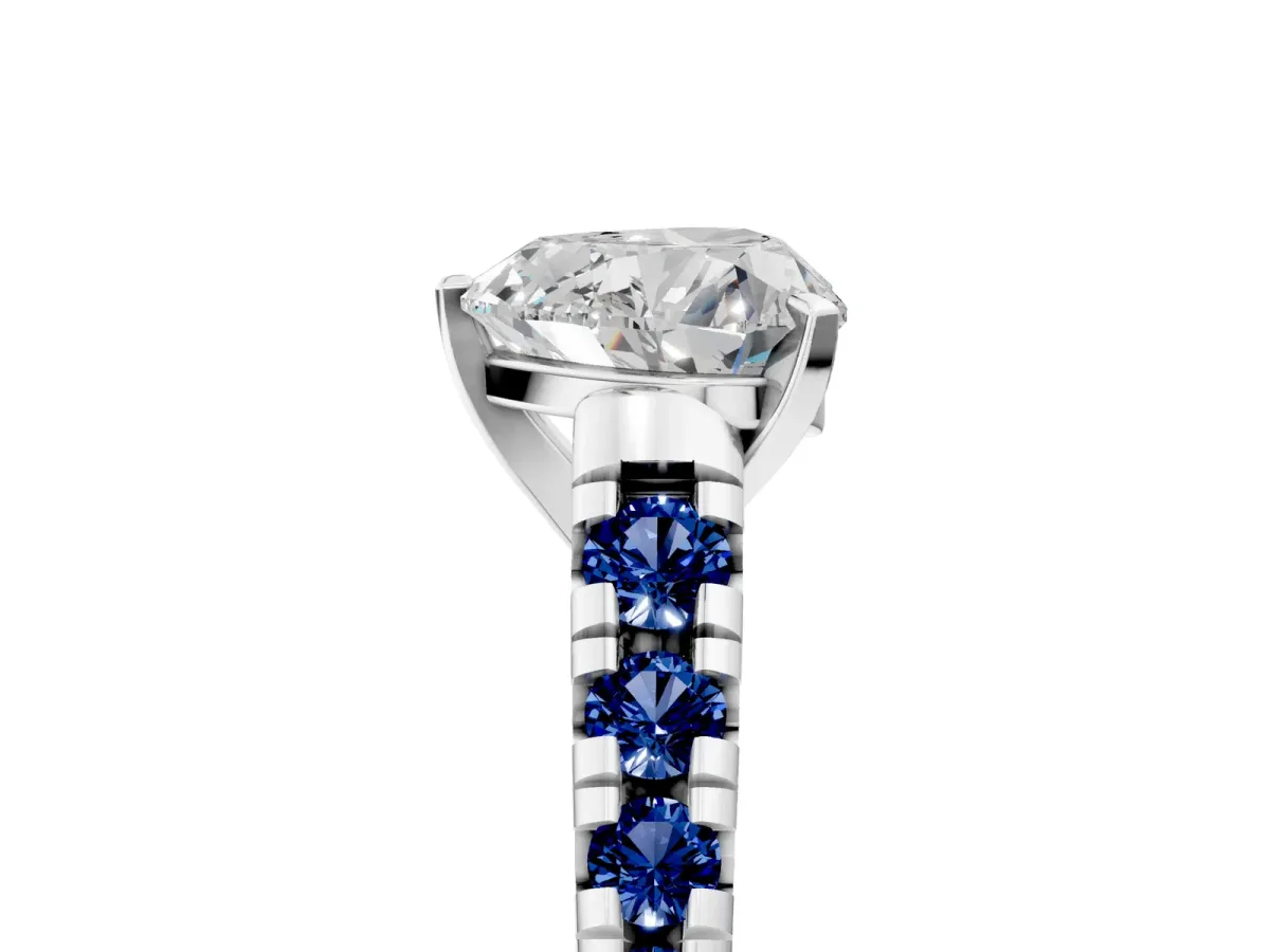 Heart Cut Diamond Cathedral Solitaire Ring with Round Blue Sapphire Pavé Band Silver