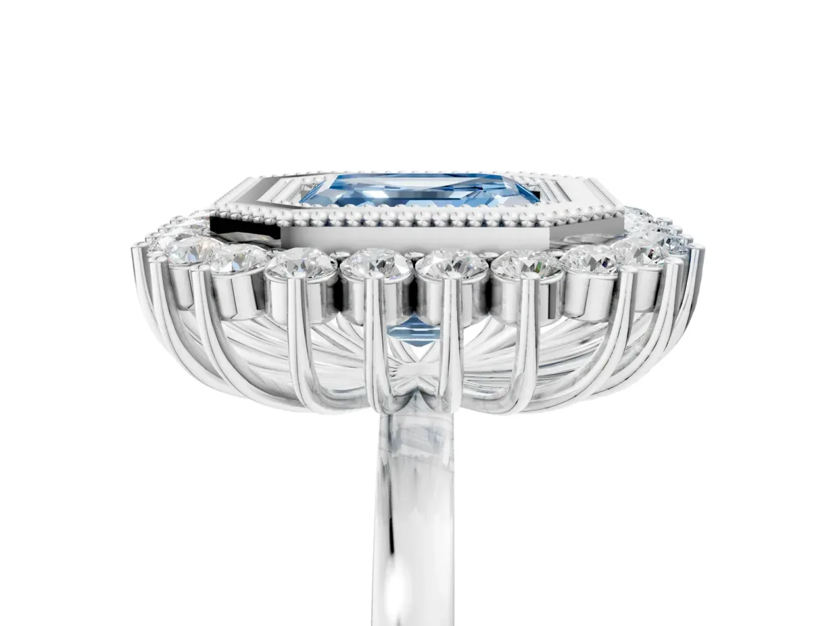 Fancy Blue Asscher Cut Halo Diamond Ring with Milgrain Edge and Round Prong Setting Platinum