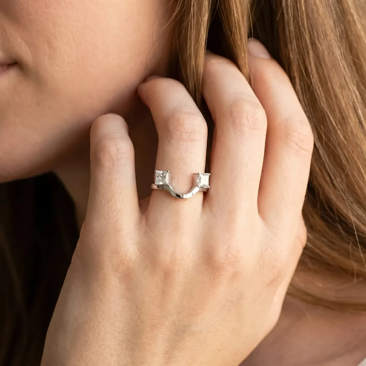 Princess Cut Diamond Two-Stone Open Band Ring with Four-Prong Setting Silver