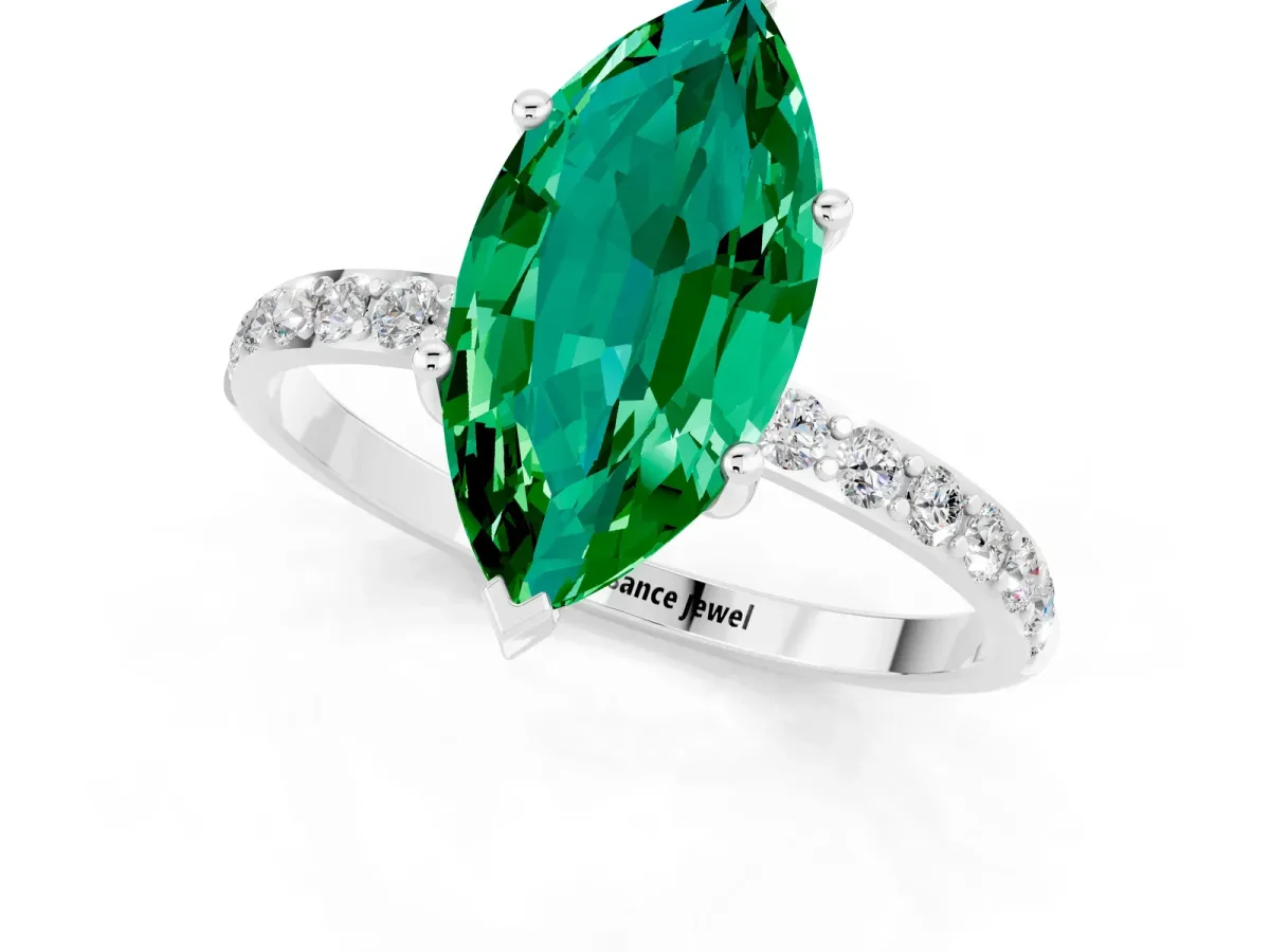 Marquise Cut Emerald Solitaire Ring with Round Pavé Band and Prong Setting Silver