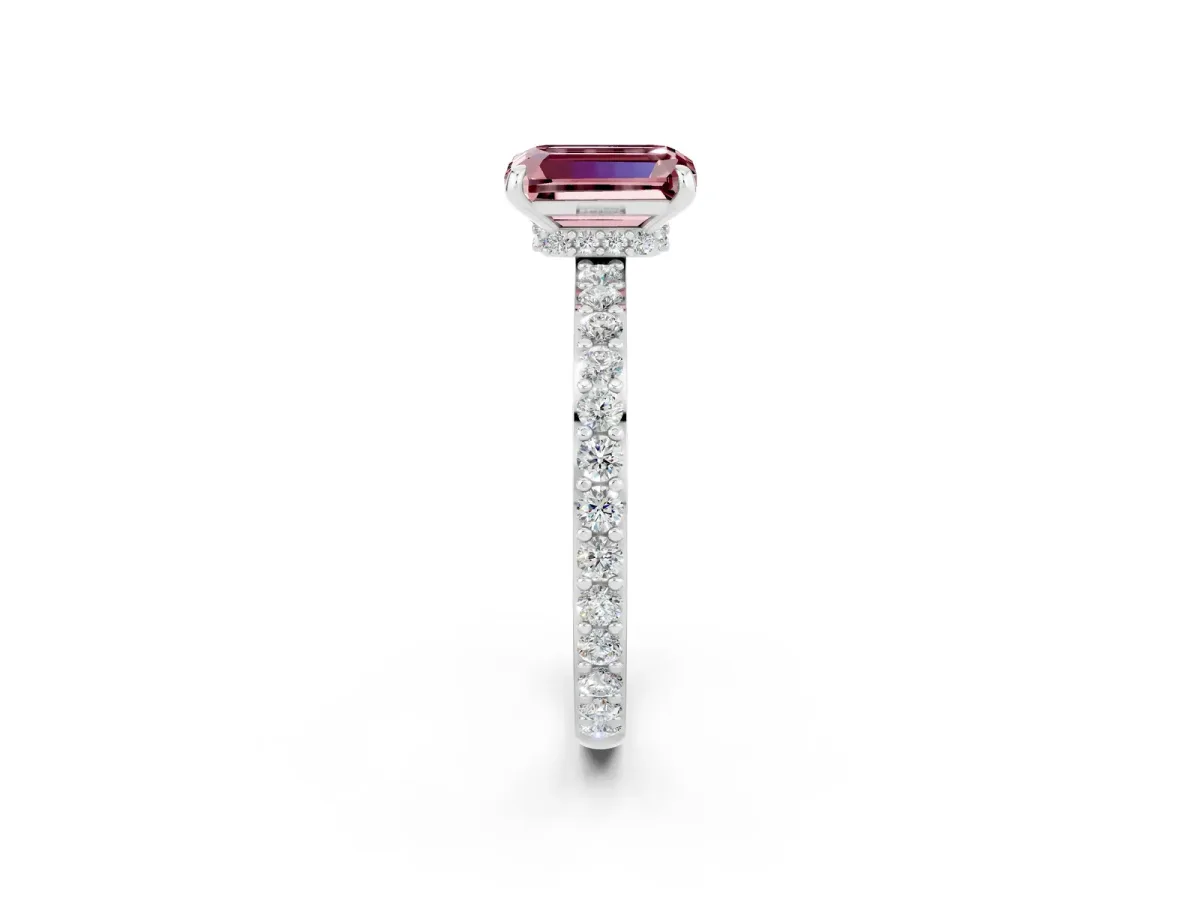 Emerald Cut Morganite Solitaire Engagement Ring with Pavé Band and Four-Prong Setting Silver