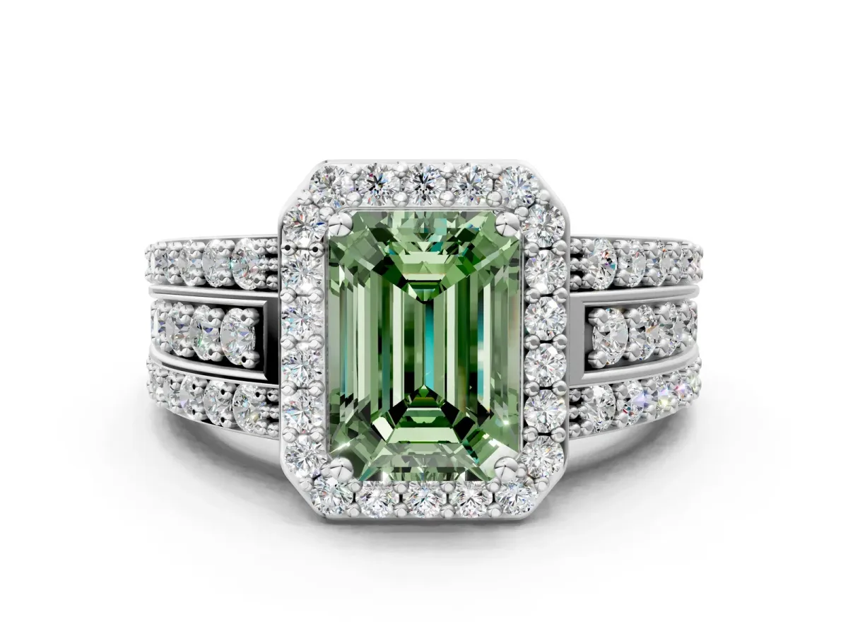Fancy Green Emerald Cut Halo Diamond Ring with Round Split Shank and Prong Setting White gold