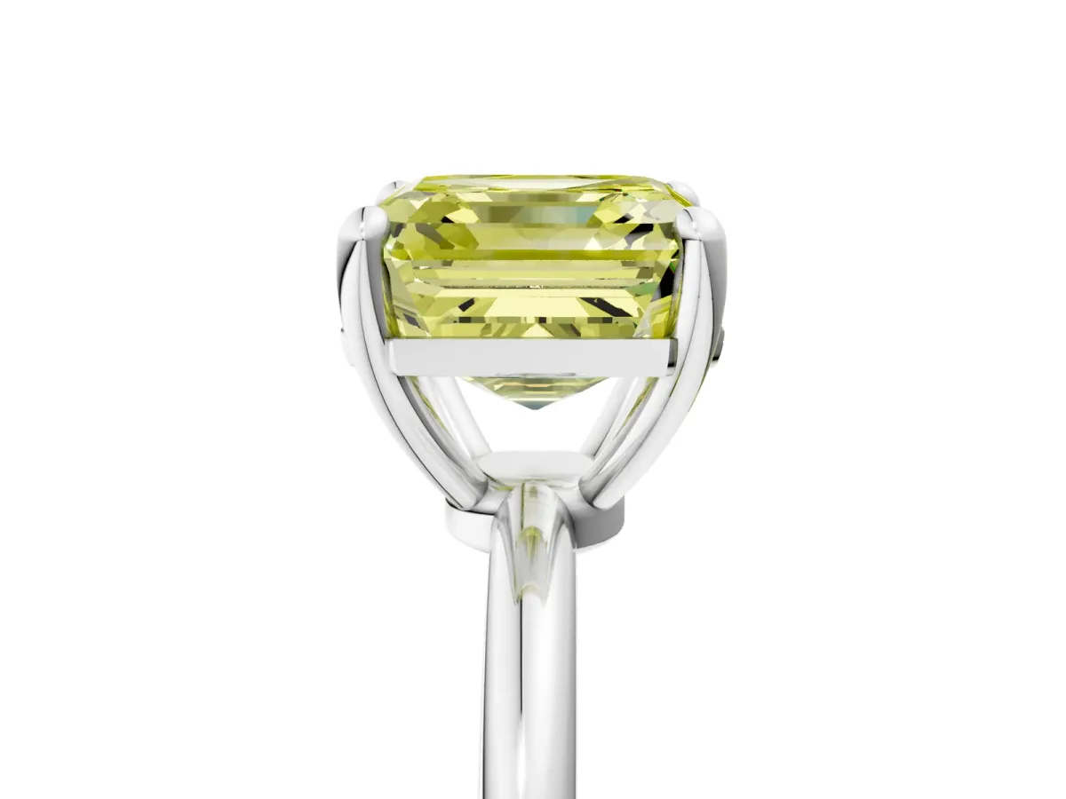 Fancy Yellow Asscher Cut Solitaire Diamond Ring with 4-Prong Setting on a Classic Band White gold