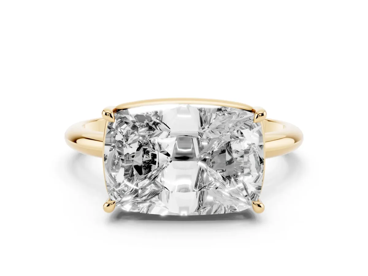 Old Mine Elongated Cushion Diamond East-West Bezel Set Four Claw Solitaire Ring Yellow gold