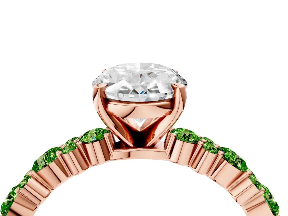 Oval Cut Diamond Side Stone Solitaire Ring with Round Peridot and Four-Prong Setting Rose gold