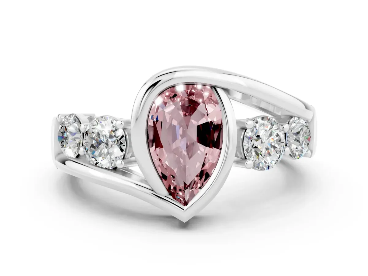 Bezel Set Pear Cut Morganite Bypass Ring with Round Accents Silver