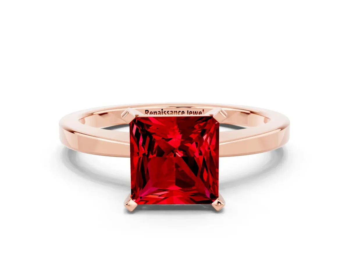 Princess Cut Ruby Solitaire Engagement Ring with Classic Band and Four-Prong Setting Rose gold