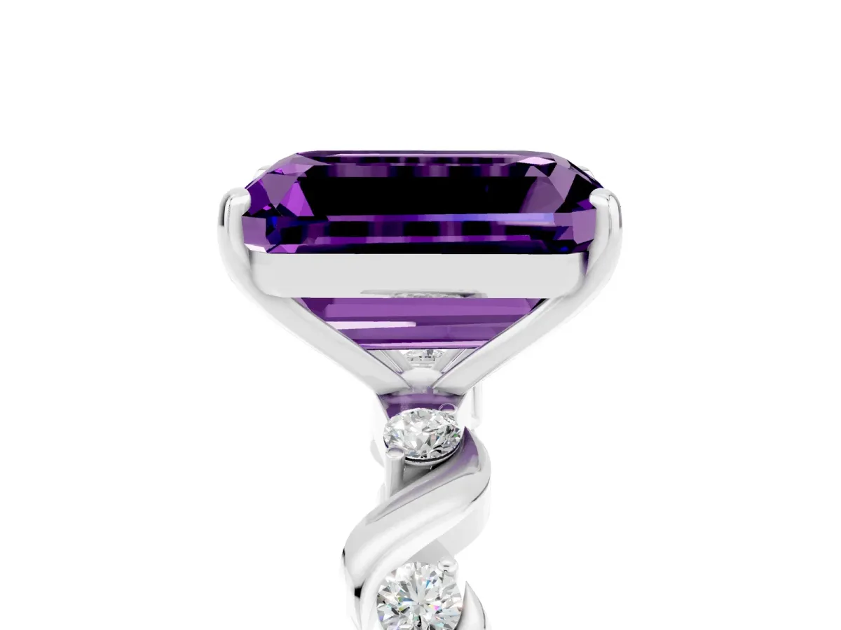 Emerald Cut Amethyst Solitaire Twisted Band with Round Accents and Prong Setting Silver