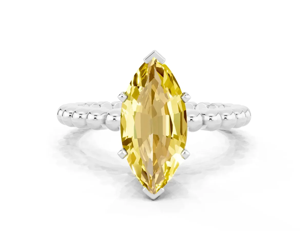 Marquise Cut Yellow Sapphire Solitaire Ring with Beaded Band and Prong Setting Silver