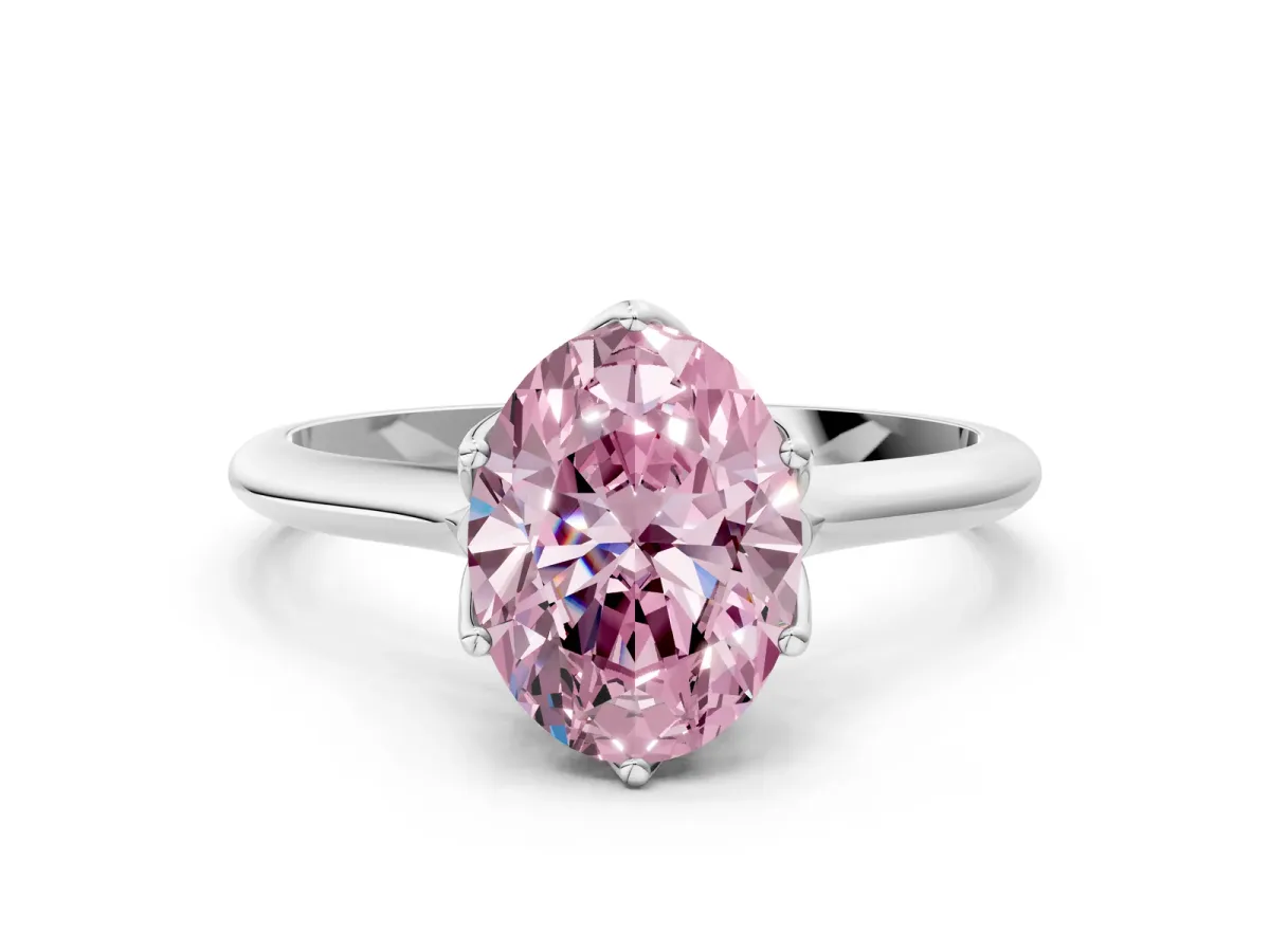 Fancy Pink Oval Cut Solitaire Cathedral Diamond Ring with Six-Prong Setting Silver