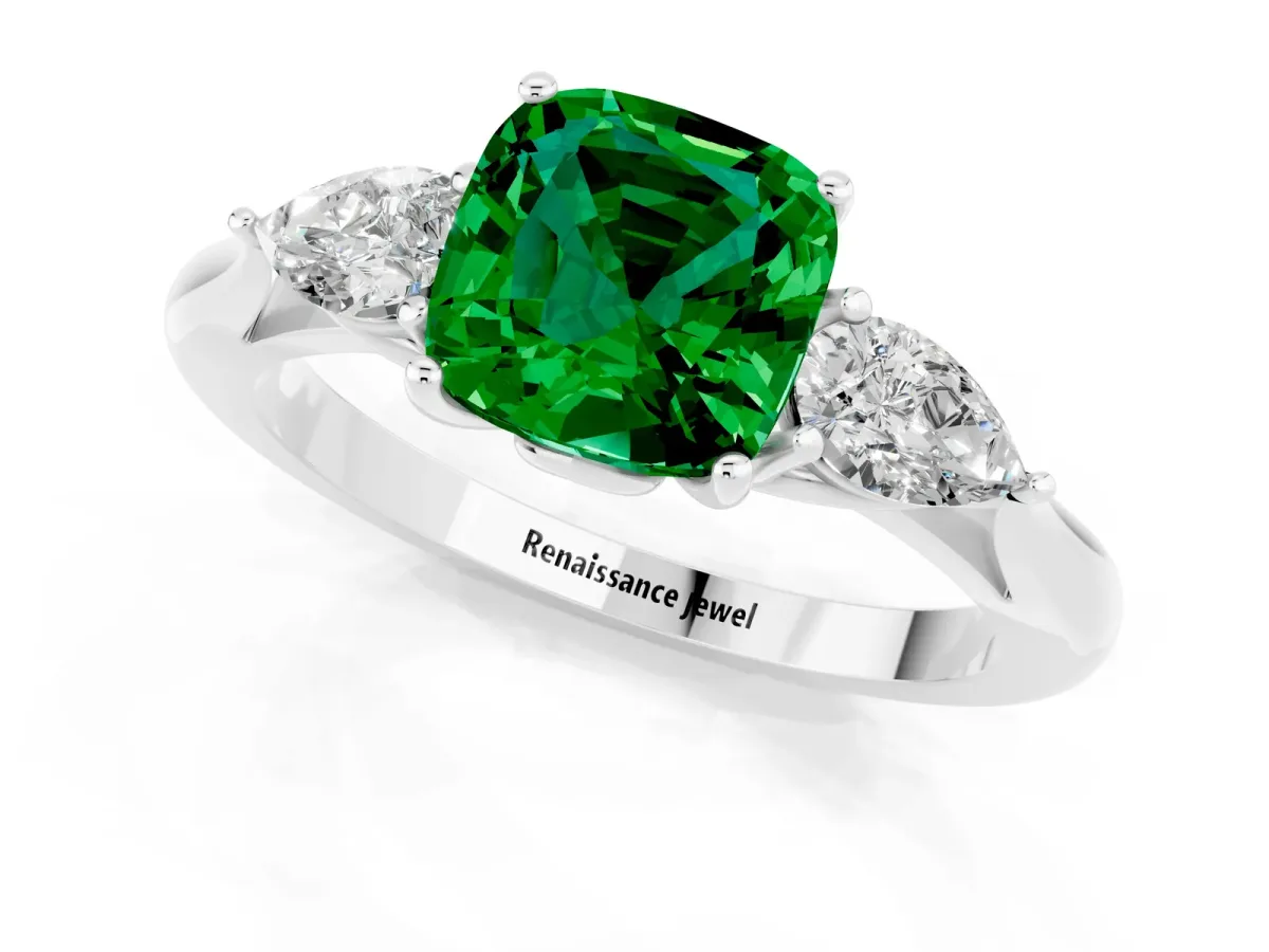 Three-Stone Cushion Cut Emerald Ring with Pear Side Stones in Four-Prong Setting White gold