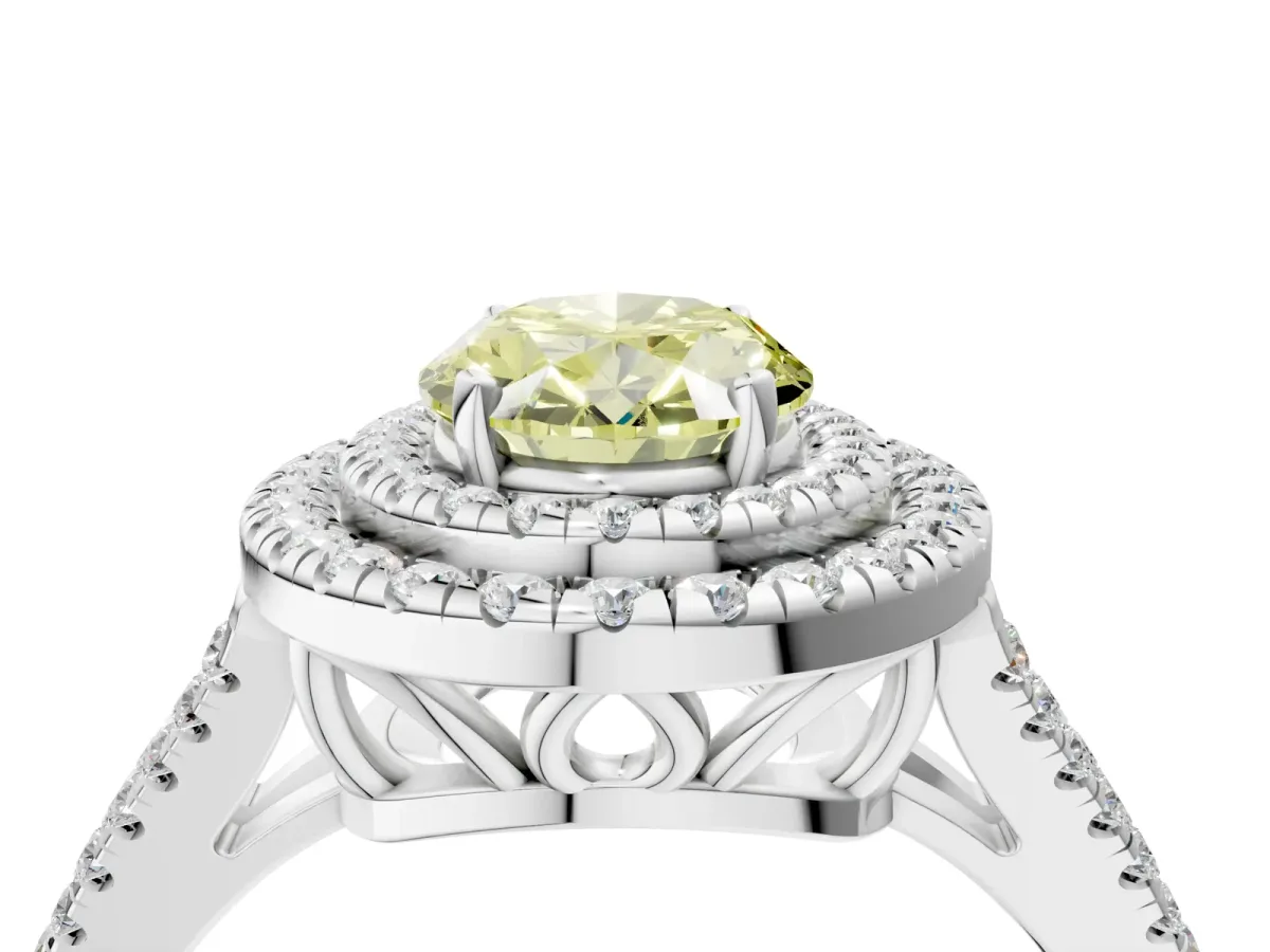 Fancy Yellow Oval Cut Diamond Double Halo Ring with Pavé Band and Prong Setting Silver