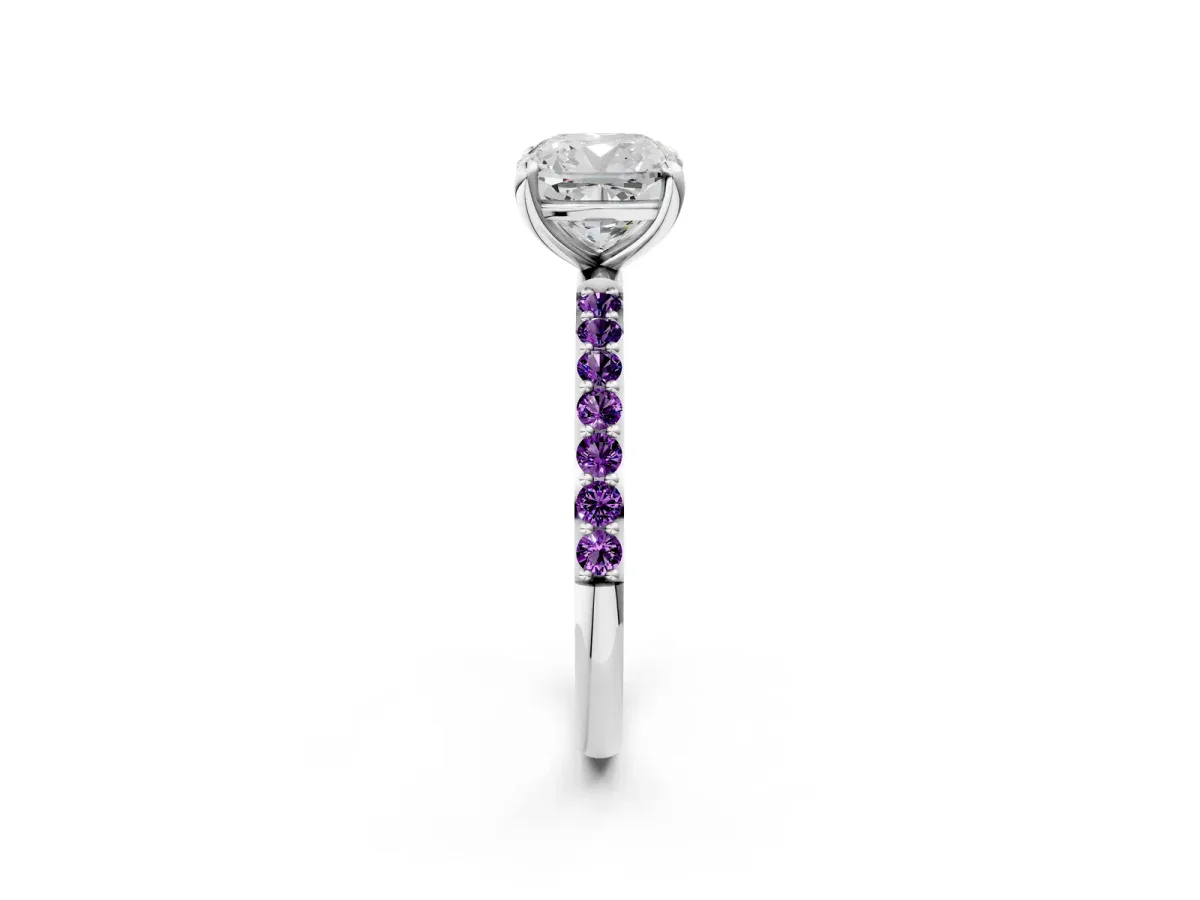 Cushion Cut Diamond Solitaire Ring with Round Amethyst Pavé Band and Prong Setting Silver