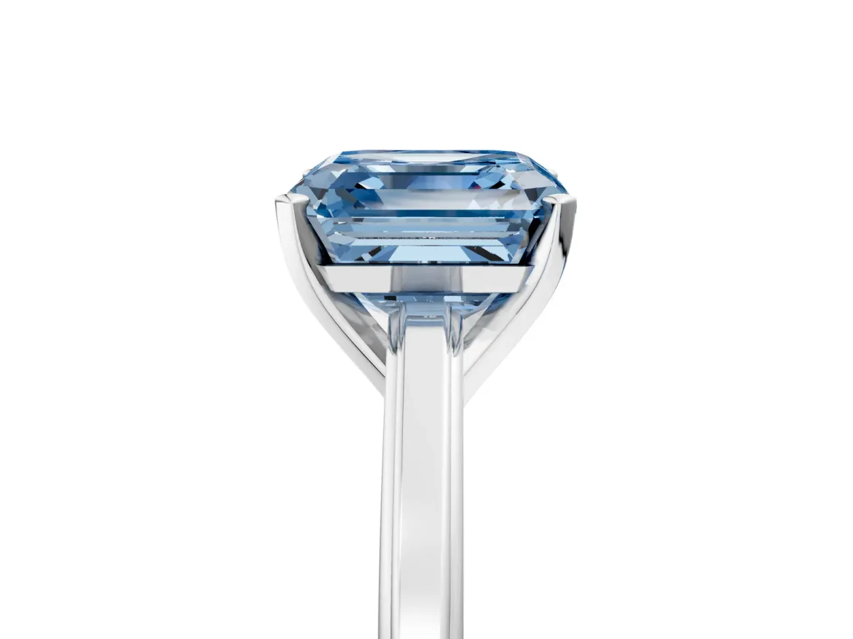 Fancy Blue Asscher Cut Solitaire Diamond Ring with Four-Prong Setting and Classic Band Platinum