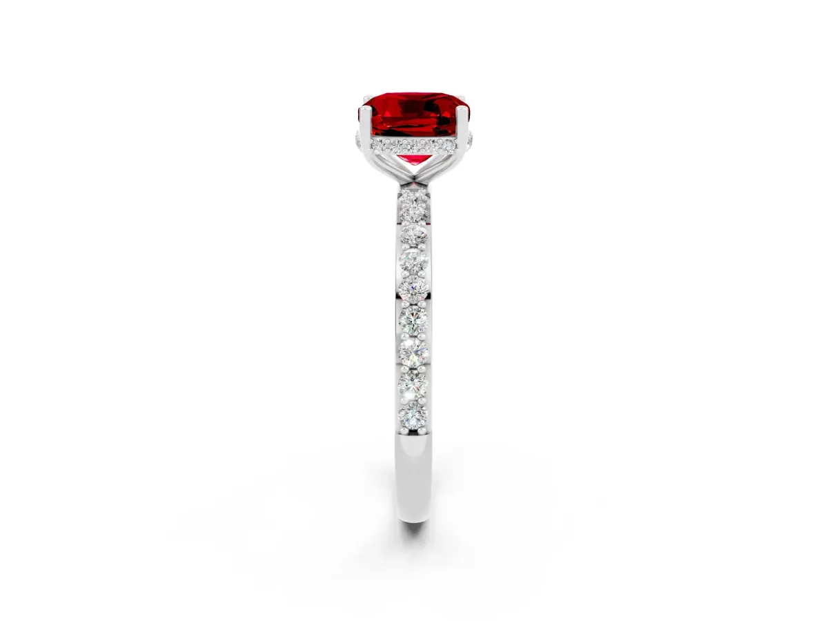 Cushion Cut Ruby Solitaire Ring with Pavé Band and Hidden Halo Silver