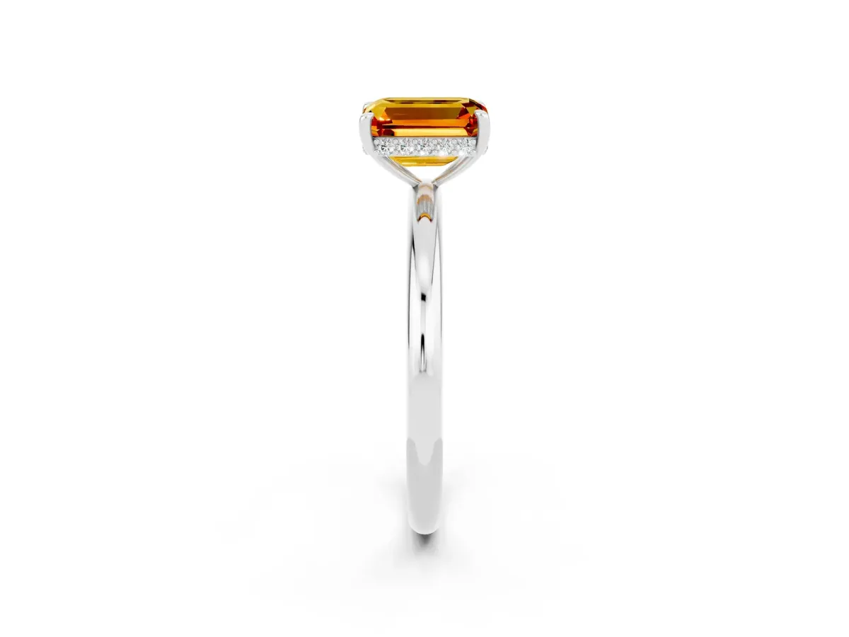 Emerald Cut Citrine Solitaire Ring with Thin Band and Four-Prong Setting White gold