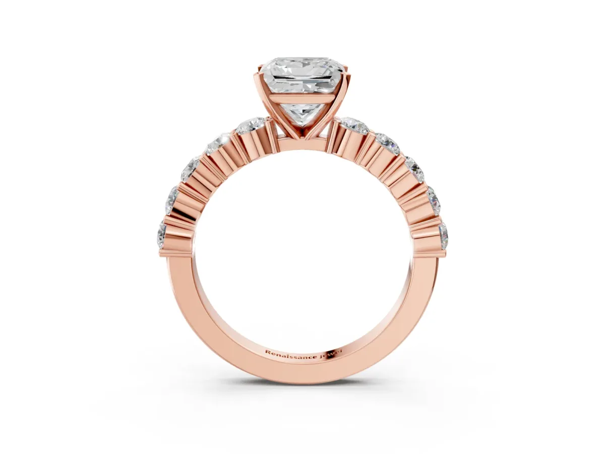 Princess Cut Diamond Solitaire Ring with Shared Prong Round Side Stones Rose gold
