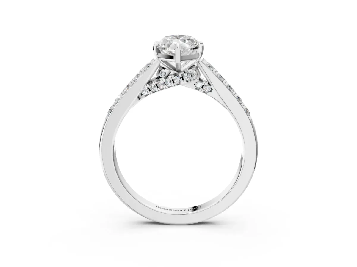 Marquise Cut Diamond Solitaire Ring with Crossover Gallery and Round Pavé Band Silver