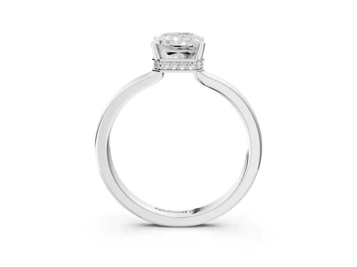 Radiant Cut Cut Solitaire Engagement Ring with Four-Prong Setting on a Classic Band Platinum