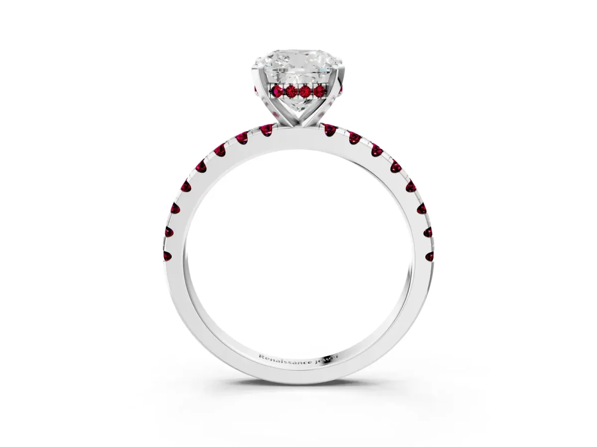 Cushion Cut Diamond Solitaire Ring with Round Garnet Pavé Band and Four-Prong Setting Silver